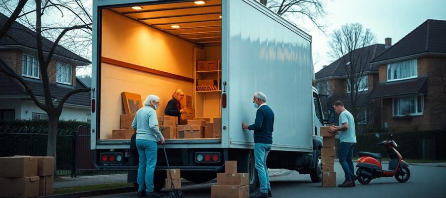 Umzugshelfer laden Möbel in einen Transporter bei einem Seniorenumzug in Jüchen
